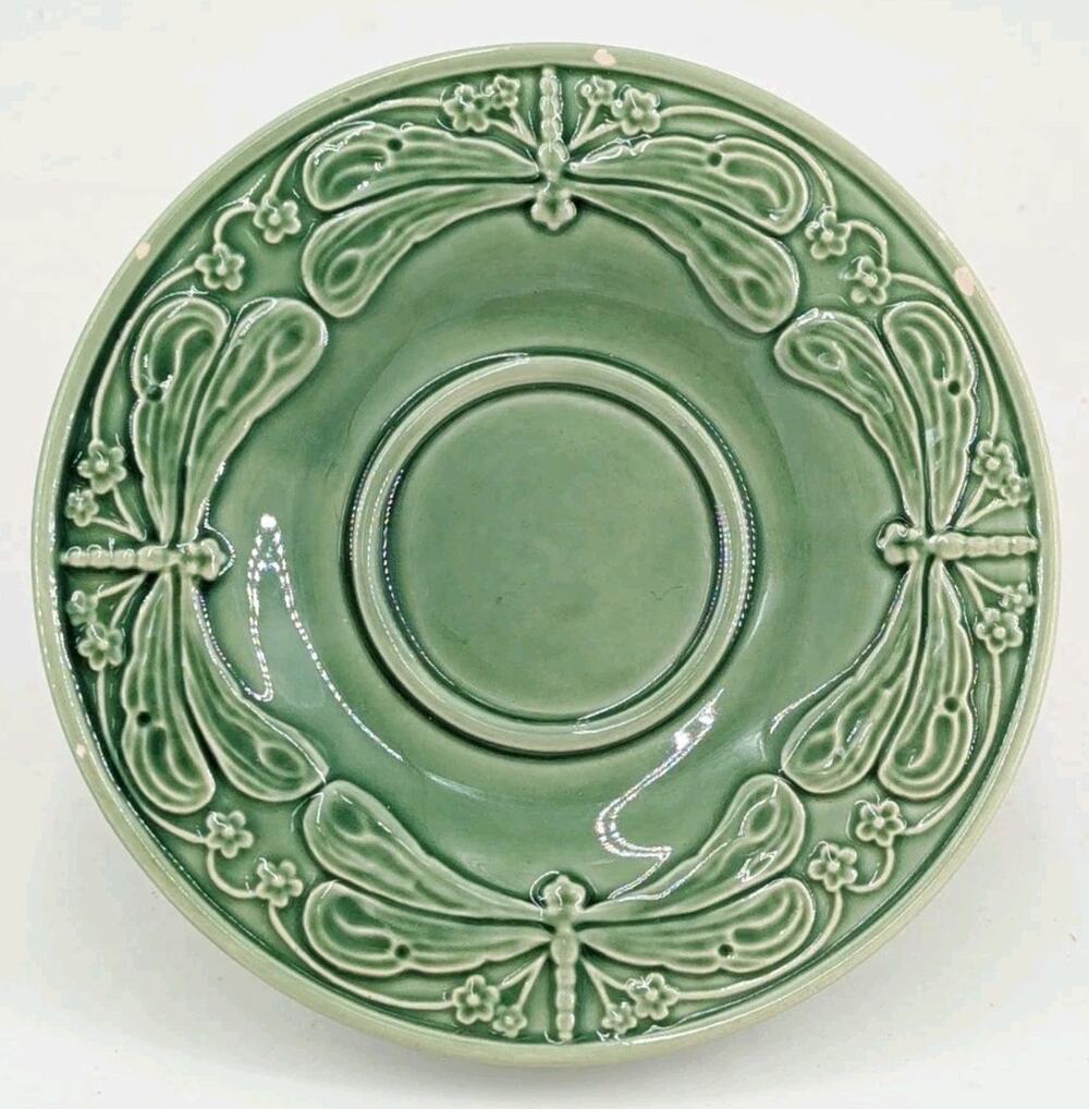 Bordallo Pinheiro Green Dragonfly Saucer Plate 6.25" Majolica Portugal Has Chips